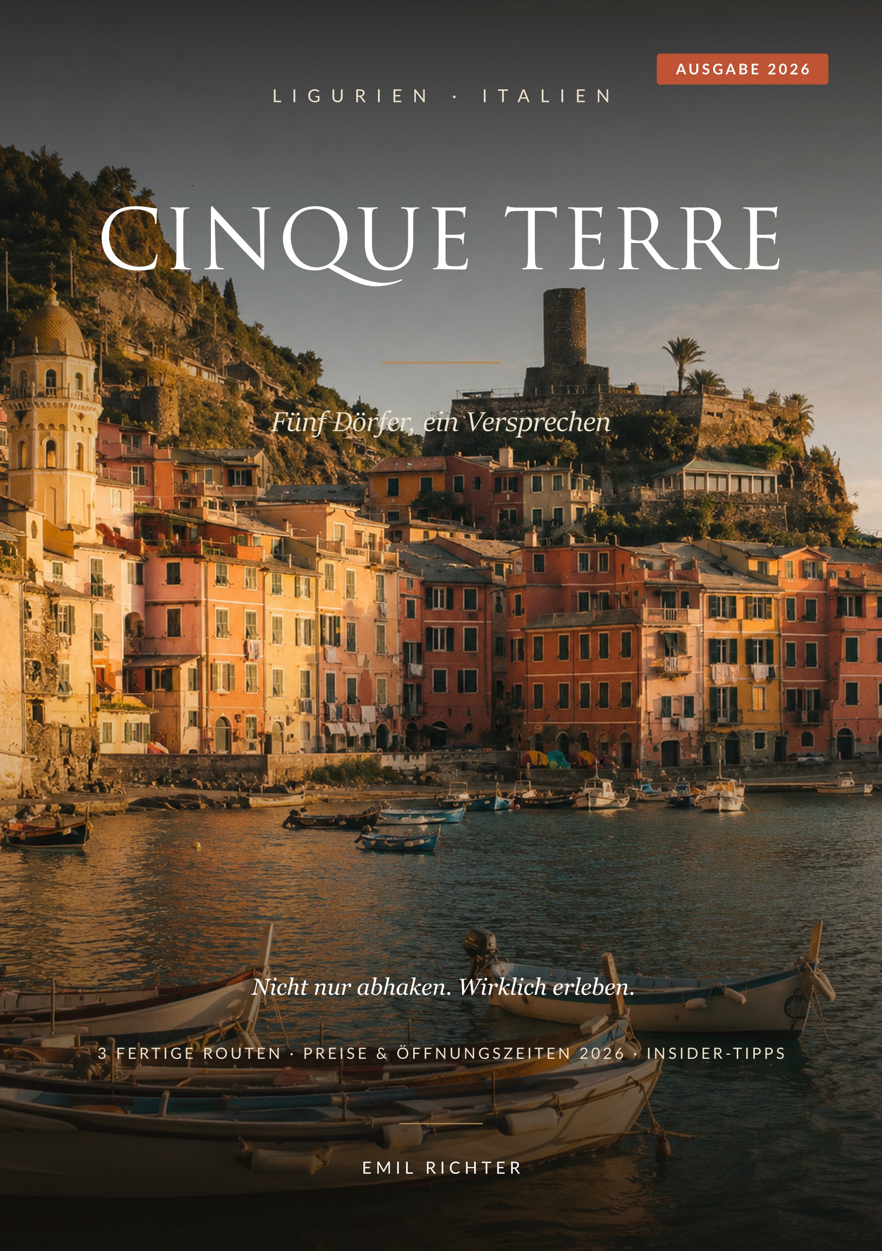 Titelseite der Ausgabe: Cinque Terre bei Sonnenuntergang, Vernazza mit Hafen und Fischerbooten