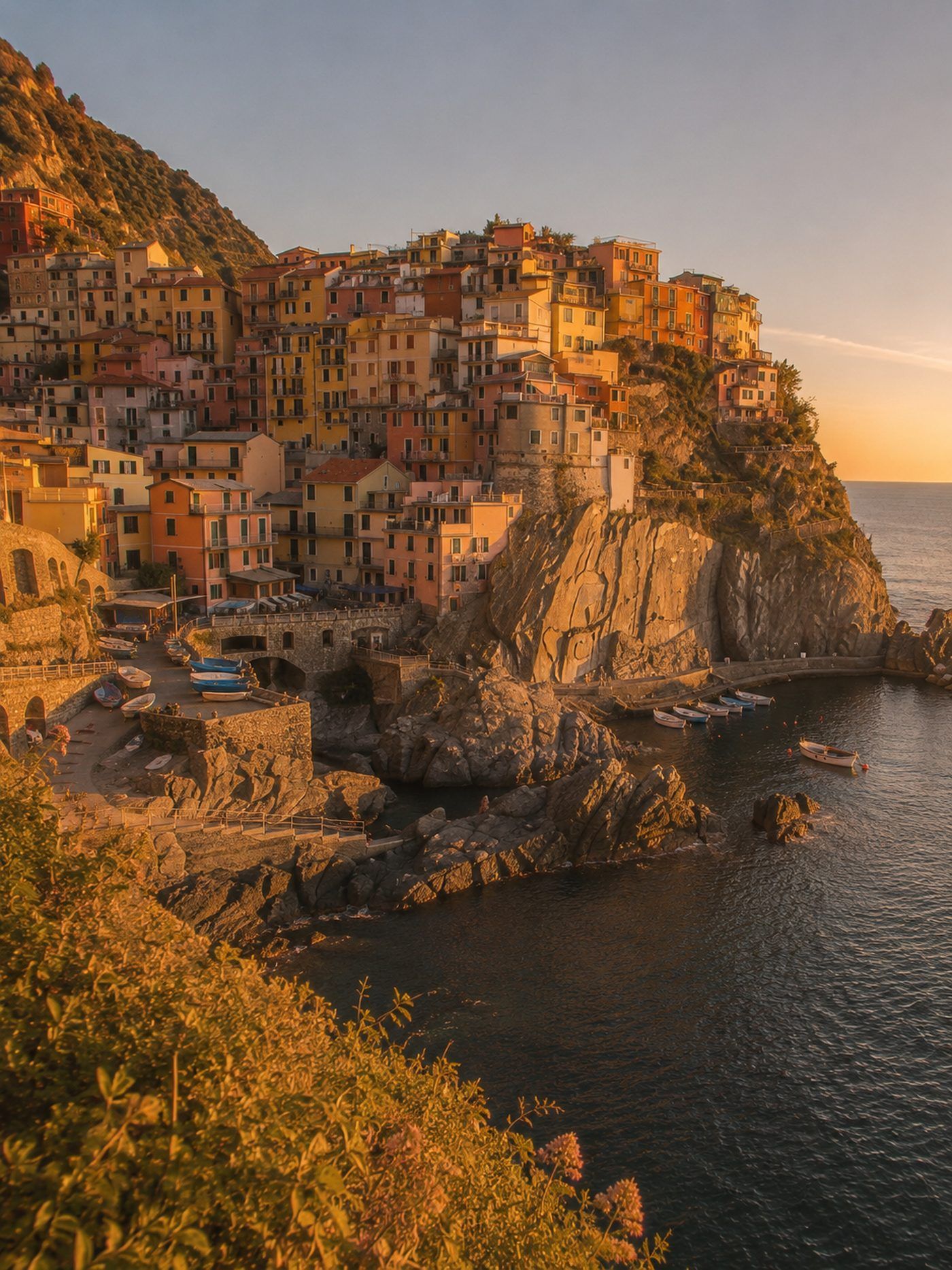 Die bunten Turmhäuser von Manarola über dem Fels — das Ziel der Via dell'Amore